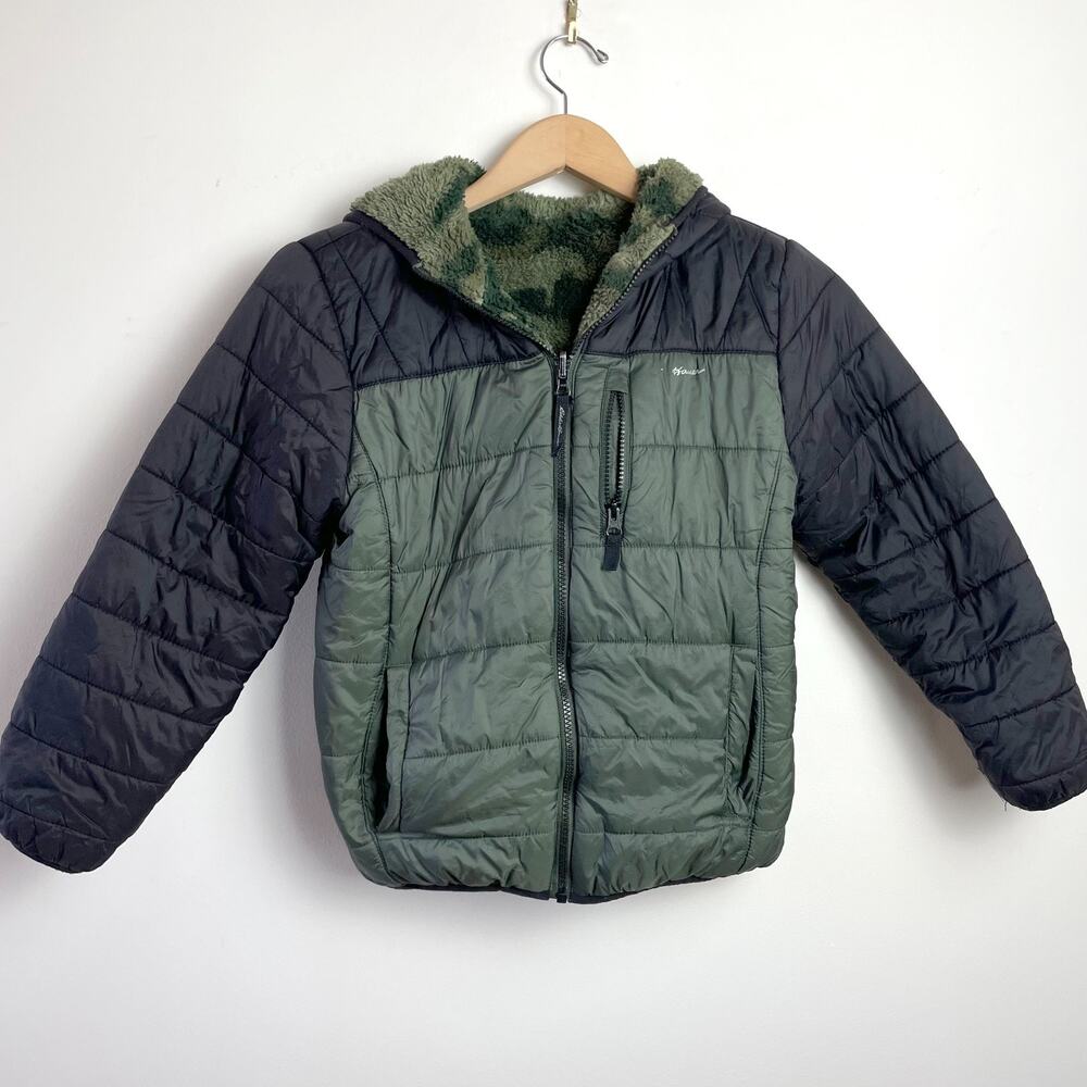 Eddie Bauer Packable Puffer Jacket Kids 7/8‎ Reversible Camo Green Gorpcore